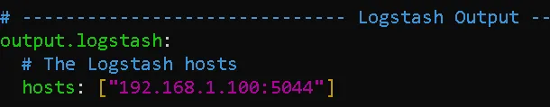 Since we will direct our output to logstashe, we close the elasticsearch section with a square sign