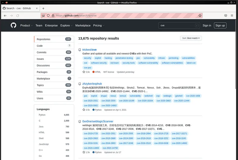 When we run the sample application, the github web page opens, type CVE in the search bar and go to the search page