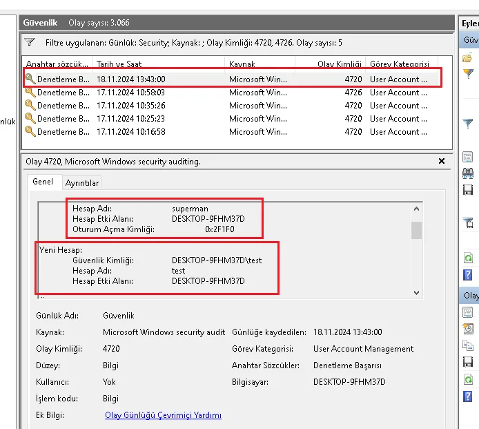 Security event log details examining user creation and group addition