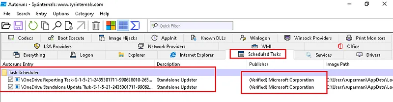 Sysinternals Autoruns verifying digital signatures of scheduled tasks
