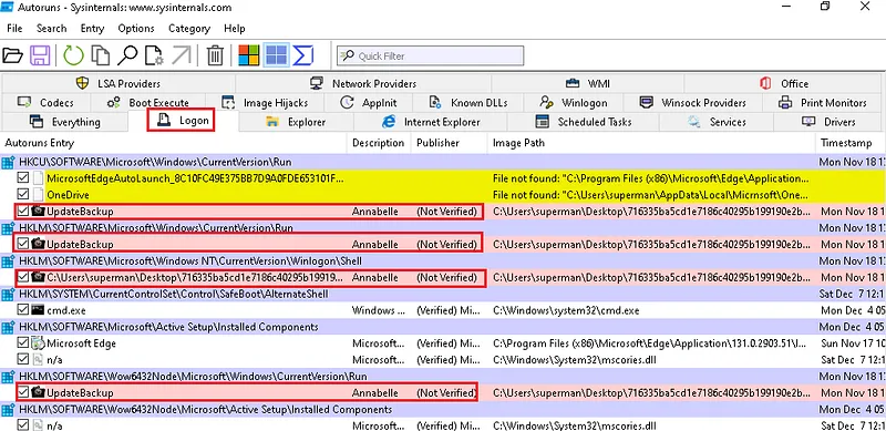Detailed view of Run and RunOnce registry keys in Regedit