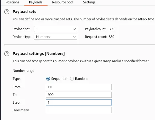 We select the otp header value in the Intruder, click on the add button and mark this value as payload