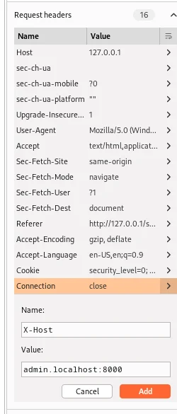 This application verifies the admin account by looking at the X-Host value in the request, but it ignores that we can