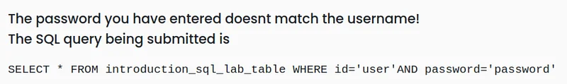 When we try to log in to the LAB environment with user/password credentials, we see the following SQL query
