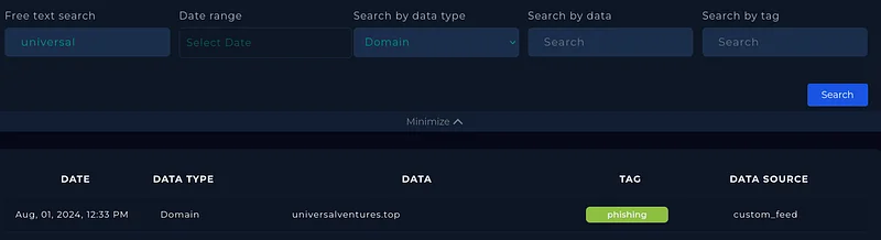 Search for domains similar to third-party company names in the CTI platform