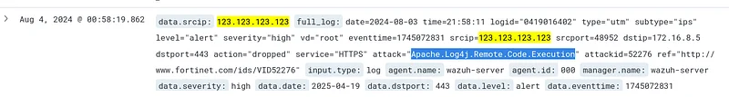 In the SIEM's firewall events, apply the filters "data.srcip: IP Address " and "data.subtype: ips", then find the