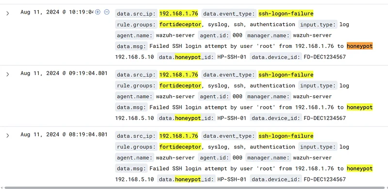 In SIEM, apply the following filters: "rule.groups: fortideceptor" and "data.event type: ssh-logon-failure." Then, exclude