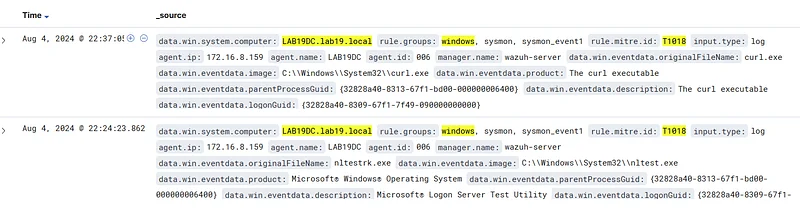 Filter for "rule.groups: windows" and "rule.mitre.id: T1018" in the SIEM