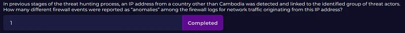 In previous stages of the threat hunting process, an IP address from a country other than Cambodia was detected and linked (2)