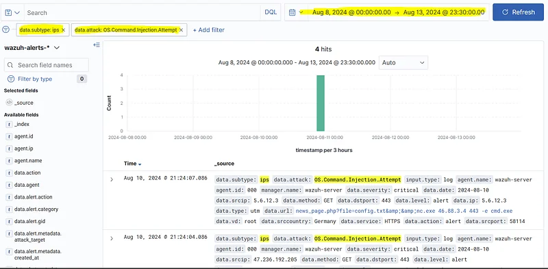 Apply the filters "data.subtype: ips" and "data.attack: OS.Command.Injection.Attempt" in SIEM