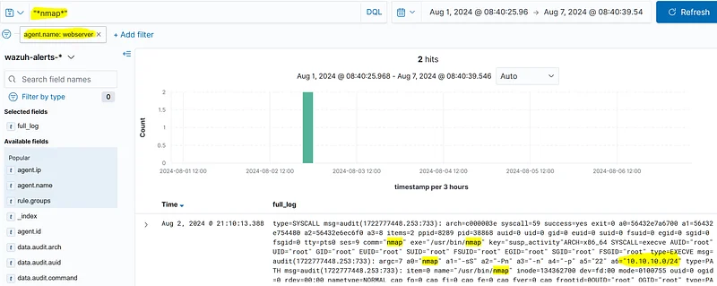 When we filter by agent.name and search for nmap activities, we find the subnet information scanned in the audit logs