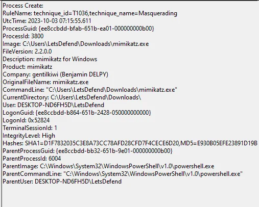 Consider a scenario where the credential harvesting utility Mimikatz is executed on an endpoint