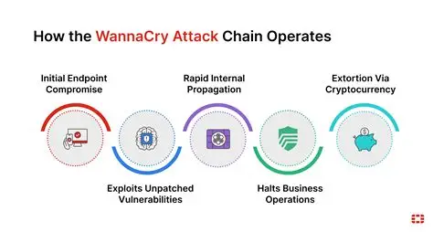 WannaCry saldırı zinciri: uç nokta ihlali, açık istismar, yanal yayılma, fidye