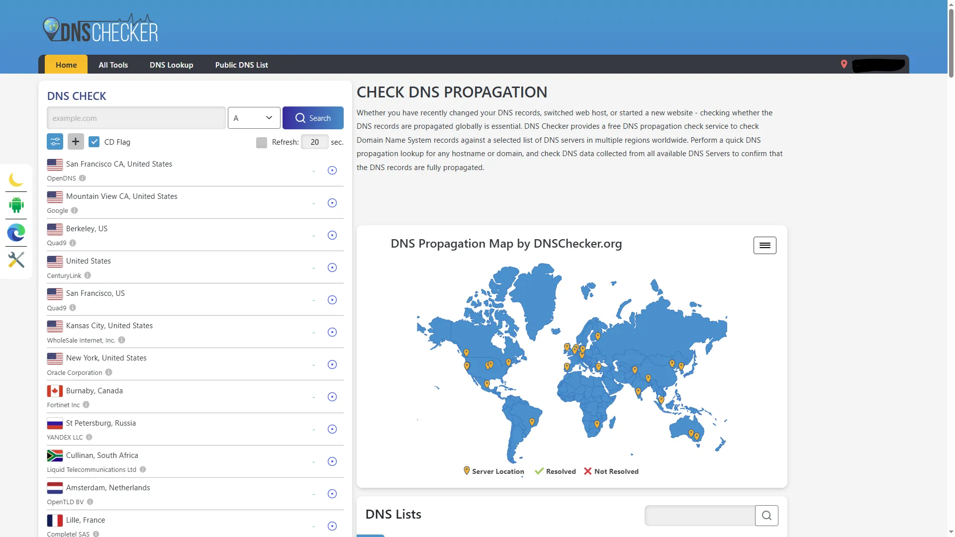 DNS Checker: Dünya çapında farklı DNS sunucularının DNS kayıtlarını (A, AAAA, CNAME, MX, TXT) nasıl çözdüğünü ve DNS