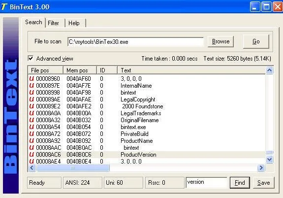Bintext, dosyalardan ASCII ve Unicode metin dizelerini çıkarabilen bir statik analiz aracıdır