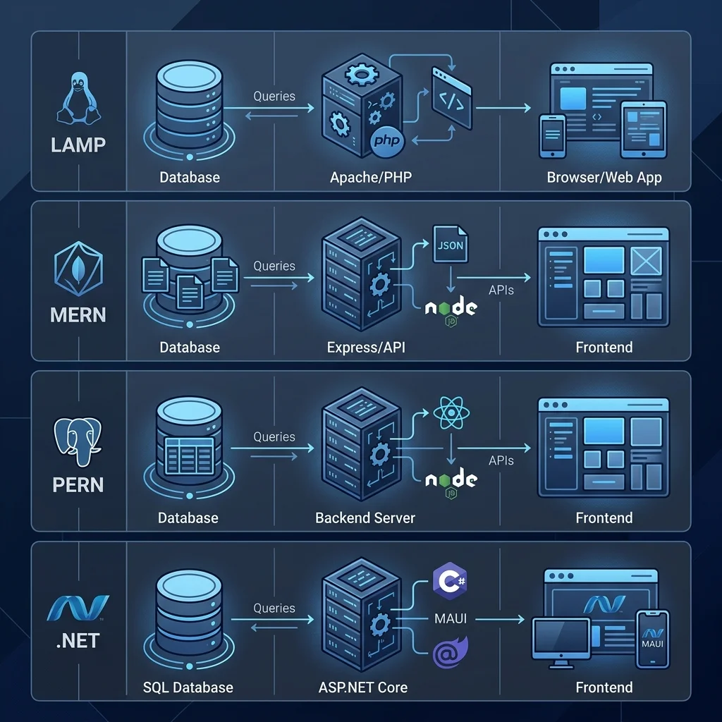 Popüler teknoloji yığınları: LAMP, MERN, PERN ve .NET