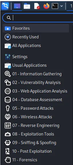 Kali Linux masaüstü ortamındayken, logosunun bulunduğu kısma tıklarsanız genel menüsünün açıldığını göreceksiniz