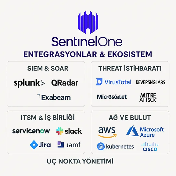 SentinelOne, 70'ten fazla hazır entegrasyon modülü sunarak, geniş bir entegrasyon ekosistemi sağlar