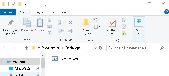 Kullanıcı başlangıç klasörüne yerleştirilen yürütülebilir dosyalar