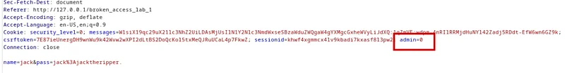 İsteği burp suite ile yakalayıp inceledeiğimizde admin isminde bir parametre olduğumu ve 0 değeri verildiğini görüyoruz