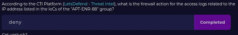 CTI Platformuna göre (LetsDefend — Threat Intel), APT-ENR-88 grubunun IoC’lerinde listelenen alan adının çözdüğü IP adresi
