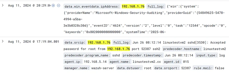 SIEM'de "rule.groups: windows" filtresini kullanın ve IP adresini arayın (2)