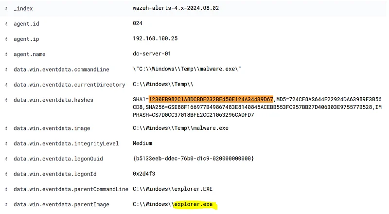 SIEM'de "rule.groups: sysmonevent1" filtresini uygulayın ve arama bölümünde tespit edilen hash'i sorgulayın