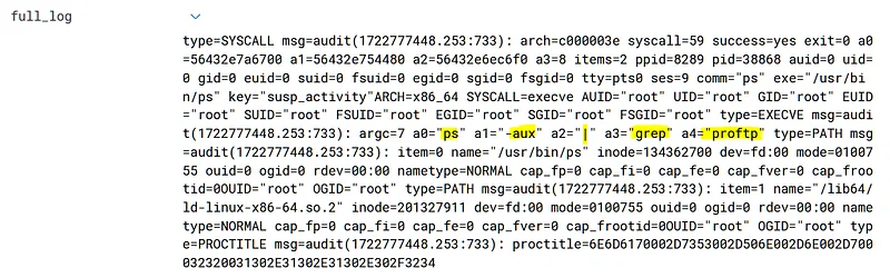Tam loga detaylı baktığımızda "ps -aux grep proftp" komutunun yürütüldüğünü görüyoruz